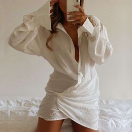 Designer Women Urban Sexy Dresses Long sleeved white shirt sexy deep V cross new Ladies linen dress skirt 59d d3c