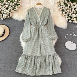 Casual Dresses Spring Sweet V-Neck Long Sleeved Chiffon Floral Dress High Waist Lace Up Thin Vintage Print Large Swing