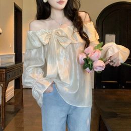 Women's T Shirts 2024 Summer European Clothes Loose T-Shirt Off Collar Big Bowknot Lace Up Tops Long Flare Sleeve Casual Tees 45011