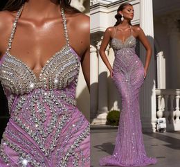 Crystal Halter Mermaid Evening Dresses Sexy Sleeveless Beading Prom Dress Glitter Floor Length Formal Party Gowns