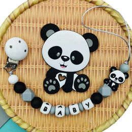 Pacifier Holders Clips# 1 custom-made baby pacifier clip chain silicone bead panda tooth toy dummy stand English name pacifier chain gift d240521