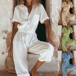 Women's Blouses Fashion Summer Casual Short Sleeved Solid Colour Shirt Loose Jumpsuit