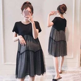 Fashion Maternity Dresses Summer Double Layer With Lace Dress A-line Skirt Loose Short Sleeve Clothes Pregnant Women Clothing L2405