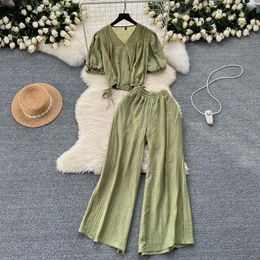 Women's Two Piece Pants Linen Chic Summer Wide Leg Set For Elasticity Waist Wrapped Bubble Sleeve Top Versatile Casual