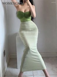 Work Dresses WOMENGAGA Summer Sweet Green Korean Style Pleated Bra Vest Tank Top Elegant Half Skirt Set Sexy Women Fairy Clothing L3G8