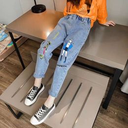 Fashion Cartoon Rabbit Embroidered Jeans Kids Pants Korean Girls Slim-Fit Denim Trousers 3-12 Year Old Childrens Clothing
