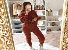 Autumn Winter Women Knitted Two Piece Set Sweater Tops Pants Cable Knit ed One Shoulder Long Sleeve Casual Suits Plus Size1199006