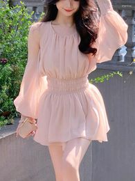Work Dresses Summer Pink Sweet 2 Piece Dress Set Woman Long Sleeve Vintage Blouse Y2k Mini Skirt Office Lady Korean Fashion Suit Chiffon