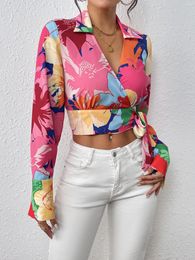 Women's Blouses Women Elegant Floral Print Blouse Spring Summer Casual Long Sleeve V Neck Shirt Streetwear Ladies Crop Tops