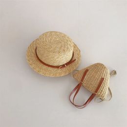INS Style Kids Boys Girls Wheat Straw Hat Bag With Pu Lether Decorat Children Sunhat Outdoor Beach Hat Beach Bag Fashion Hat 240521