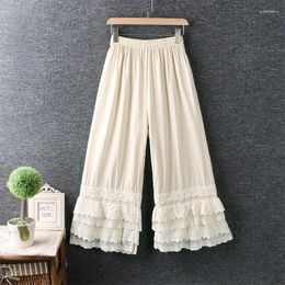 Women's Pants Summer Sweet Multi-Layer Lace Spliced Light Sheer Thin Cotton Linen Wide Leg Women Korean Elastic Waist Ankle-Length