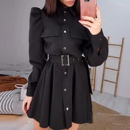 Casual Dresses Fall Winter Loose Button Tie-up Mini Dress Vintage Women Solid Female Lapel Collar Puff Long Sleeve A-line