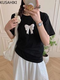 Women's T Shirts KUSAHIKI Korean Chic Summer Cute Round Neck Contrasting Bow Print Versatile Short Sleeved Pullover T-shirt For Women