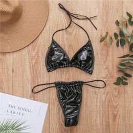 Women's Swimwear 2024 Shiny PU Mini Micro Bikini Women Swimsuit Female Brazilian Two Pieces Set High Cut Bathing Suit Swim Lady