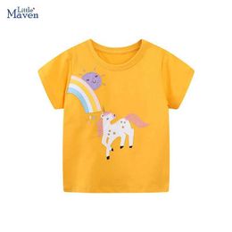 T-shirts Little maven 2024 Summer Childrens Clothing Baby Girls Tops Tees Appliques T-shirts Cartoon Rainbow Kids Clothes Y240521
