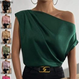 Women's Tanks 2024 Freeacy Collar One-Shoulder Asymmetric Loose Satin Blouses Shirts Ladies' Spring Summer Elegant Shirt Tops