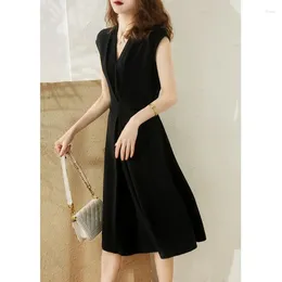 Casual Dresses Women's Black Elegant Sleeveless Empire Dress Patchwork Office Lady High Quality Solid V-Neck Summer 2024