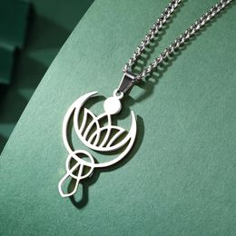 Vintage Crescent Moon Stainless Steel Necklace Buddhist Yoga Lotus Flower Pendant Women Bohemian Spiritual Jewellery Gifts