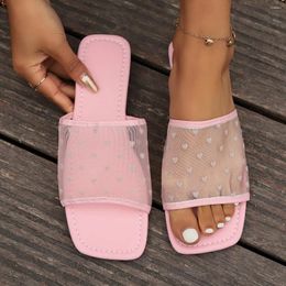 Slippers Women 2024 Summer Pattern Sandals Mesh Flat Bottomed Flip Flops Fashionable And Elegant Slides
