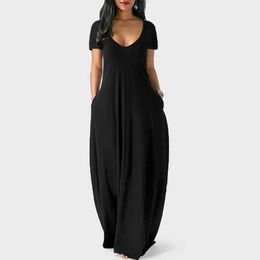 Women's Jumpsuits Rompers 2024 Europe and America Cross border Plus Size Womens Summer New Solid Colour Sexy Deep V Short sleeved Long Skirt Y240521