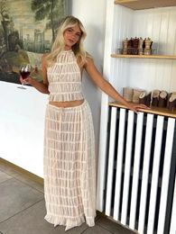 Work Dresses Elegant Lace Up Women Two Piece Sets Sexy Backless Hang Neck Sling Top Loose Fold Beach 2024 Summer Chic Lady Skirts Set