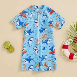 One-Pieces Lioraitiin 0-4 year old toddler girl boy jumpsuit short sleeved zippered shark print cartoon beach swimsuit d240521