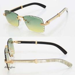 diamond cut lens Rimless Mens Sunglasses Large Square Designer 03770 Original Black and White Buffalo horn Sun Glasses Frames Size 60-21-145MM