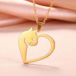 Elegant Cat Heart Pendant Stainless Steel Necklace For Women Trend Cute Kitten Neck Chain Jewellery Valentine S Day Gifts