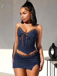 Joskaa Fashion Denim 2-piece set for womens fashionable and sexy V-neck wrapped around chest tube top and mini skiing competition 2024 summer street clothing 240517