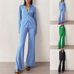 Women's Two Piece Pants Casual Chic Solid Color Pleated Suits Y2K Women Two-piece Long Sleeve Button Down Shirts And Straight Leg Trousers