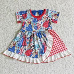 Cartoon animated character princess American color ruffle stitching red and white plaid girls dress children's clothing