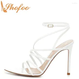 Dress Shoes White Stilettos Narrow Band Woman Sandals Ankle Strap High Thin Heels Ladies Summer Fashion Mature Large Size 13 16 Shofoo