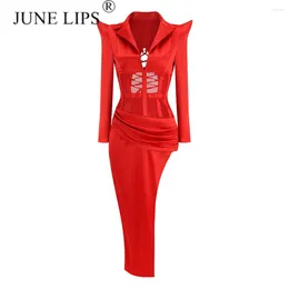 Casual Dresses JUNE LIPS 2024 Women Sexy Long Sleeved V Neck Backless Lace-Up Design Asymmetric Dress Bodycon Celebrity Cocktail Club Dres