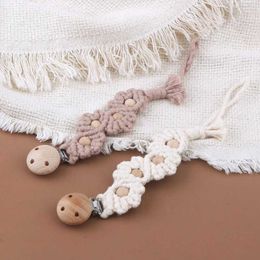 Pacifier Holders Clips# Retro crochet flower baby pacifier clip handmade cotton rope beech wood Zhuni Pu bracket anti slip dummy pacifier clip d240521