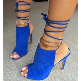 Design del marchio Women Fashion Peep Toe Suede in pelle scamosciata Stiletto Gladiator Blue Lac 2f2