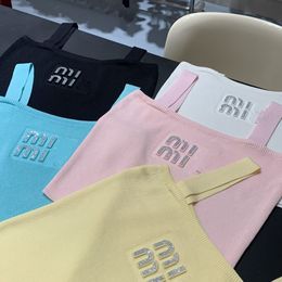 Women spaghetti strap shinny rhinestone logo designer summer candy Colour knitted vest crop top tanks