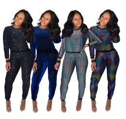 Sparkle Sequins Fabric Nightclub Bar Shinning Two piece Outfits Long Sleeves T Shirt Pants Multicoloured Casual Tracksuits Pants 7339999