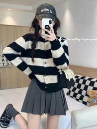 Work Dresses 2024 Spring And Autumn Striped Knit Cardigan Top Pleated Skirt Two Piece Set Y2k