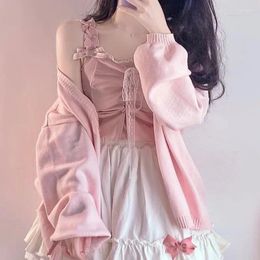 Work Dresses Summer Kawaii Sweet 3 Piece Set Women 2024 Lace Cute Vest Thin Cardigan Pleated Mini Skirt Korean Female Outfits DD436