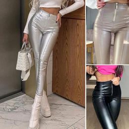 Women's Pants Elastic Waist Skinny Faux Leather High For Women Solid Color Slim Fit Leggings With Zipper Placket