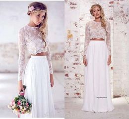 Spring Two Pieces Crop Top Beach Bohemian Dresses Chiffon Ruched Floor Length Wedding Gowns Lace Long Sleeve Bridal Dress 0521