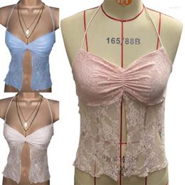 Women's Tanks Women Sexy Halter Backless Lace Crop Top Ruched Chest Split Front Camisole