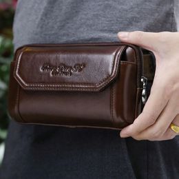 Men Genuine Leather Real Cowhide Cell Mobile Phone Case Cover Purse Cigarette Money Hip Belt Fanny Bag Waist Pack Father Gift 240515