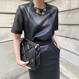 Work Dresses Woman Suit Skirt 2-piece Set Retro Round Neck Mesh Hollow Perspective Leather Short-sleeved Top High Waist Bag Hip