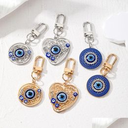 Key Rings Fashion Jewellery Resin Evil Eye Pendant Ring Hollow Out Geometric Round Heart Rhinestone Blue Eyes Keychain Drop De Dhgarden Dhx58