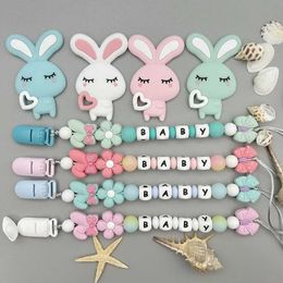 Pacifier Holders Clips# Baby Kawai Toy Gift Customized Letter Name Baby Rabbit Silicone Glow Bead Pendant Nipple Chain Holder Teeth d240531