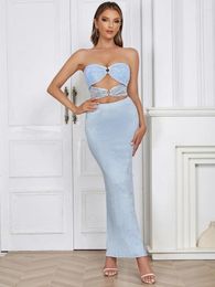 Casual Dresses Sexy Sleeveless Glitter Patchwork Sequins Long Dress Women Sky Blue Strapless Hollow Out Design Bodyocn Maxi Evening Party