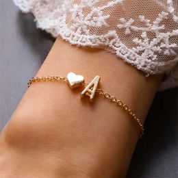 Charm Bracelets Fashion Tiny Heart Dainty Initial Bracelet For Women Simple Gold Color Letter Link Chain Jewelry Birthday Gifts