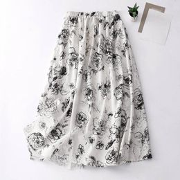 Skirts Vintage Cotton Linen Floral For Women High Waist A-line Long Pleated Skirt Casual Elastic Summer Beach Midi