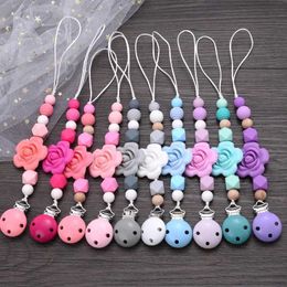 Pacifier Holders Clips# Silicone rose circular beaded baby pacifier chain colorful wooden virtual bracket clip baby teeth sticker care toy d240521